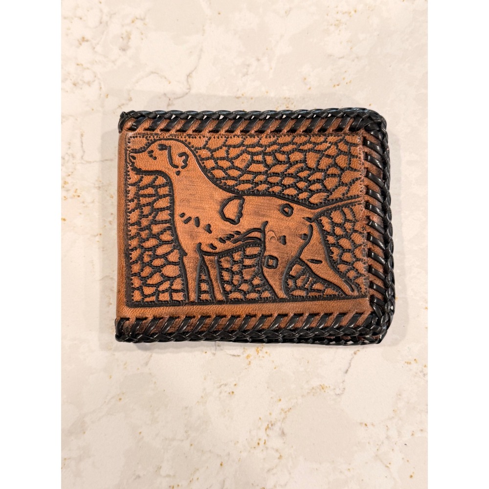 Vintage Hand Tooled Leather Bifold Wallet Hunting Dog Duck Whipstitch Brown